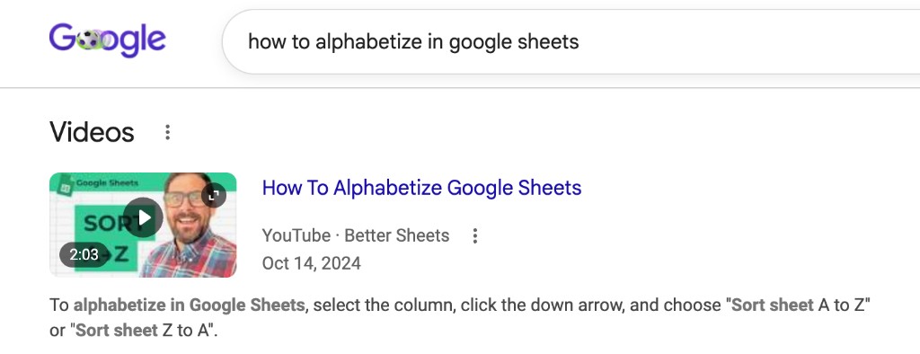 Google search results for how to alphabetize in google sheets, with a Better Sheets YouTube video at the top