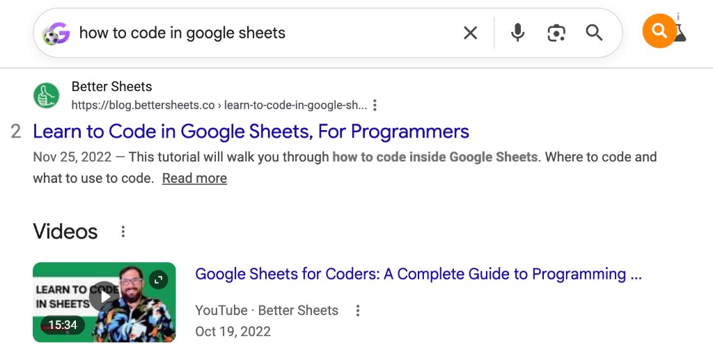 Google search results for how to code in google sheets, with Better Sheets blog and YouTube video results