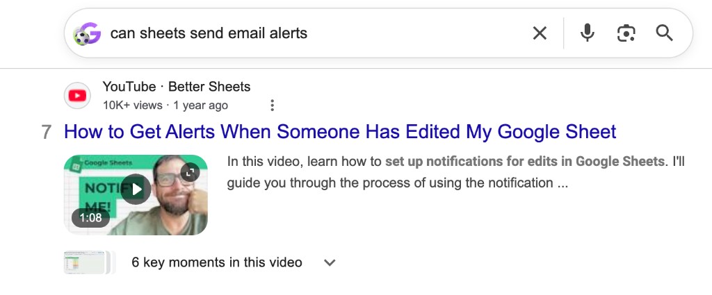 Google search results for can sheets send email alerts, with a Better Sheets YouTube video at the top
